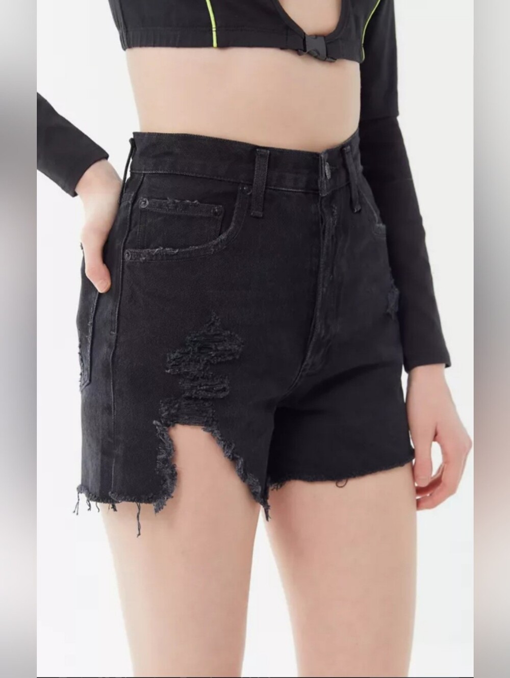 Agolde Black Distressed High-Rise Denim Shorts